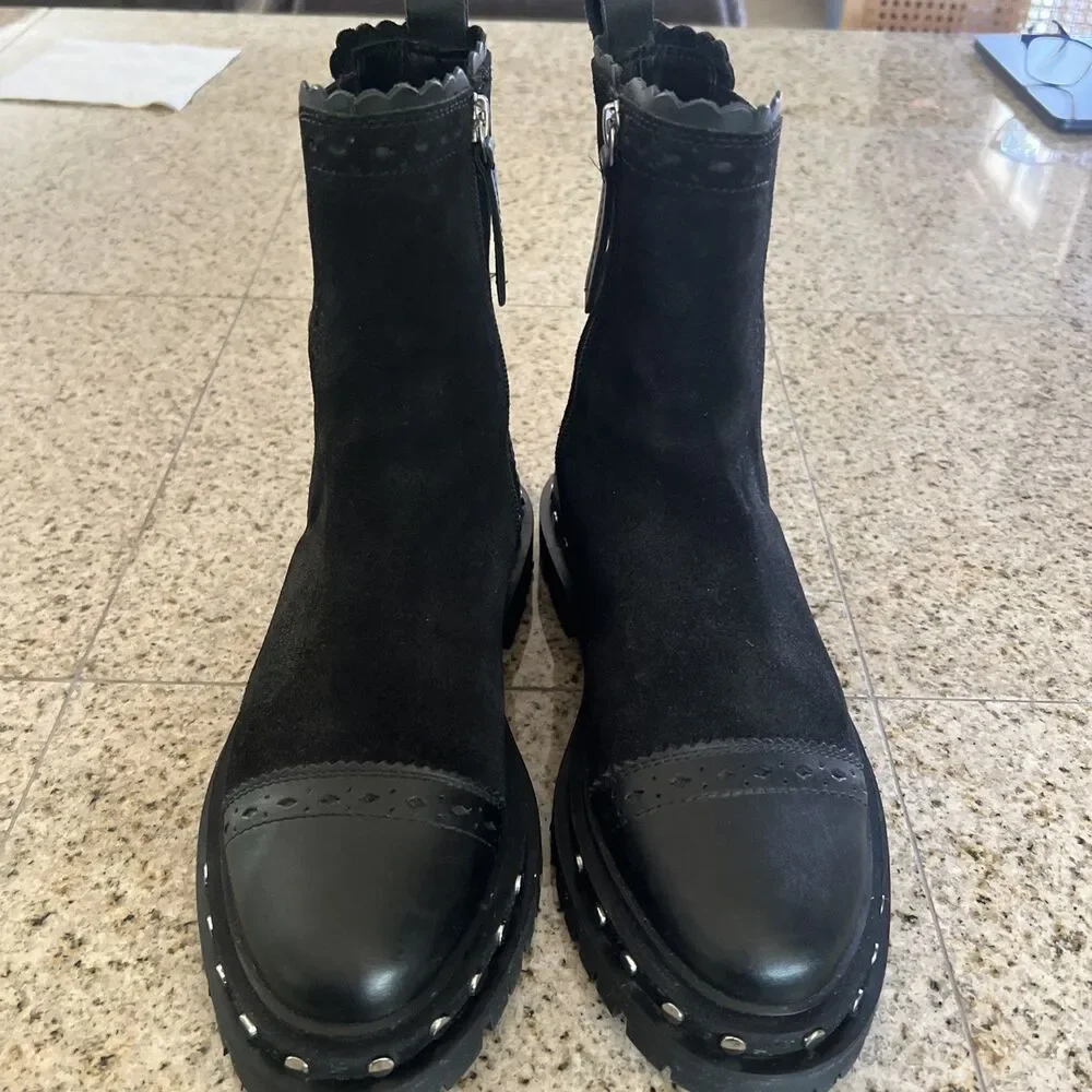 EUC Free People Tate Black Suede Chelsea Boots Size 6.5 Women's Side Zip Chunky - Picture 6 of 14